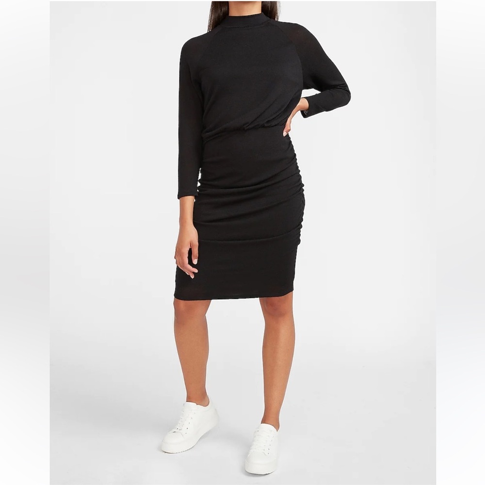 Express Super Soft Mock Neck Bodycon Dress with Ruched Sides in Pitch Black